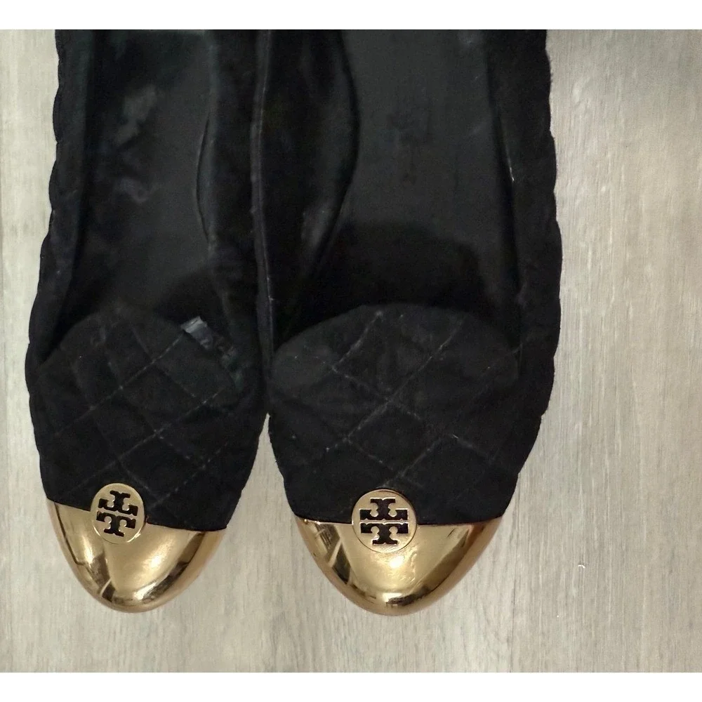 Tory Burch Quilted Suede Cap Toe Flats Women 7 Black Gold Good Logo Medallion